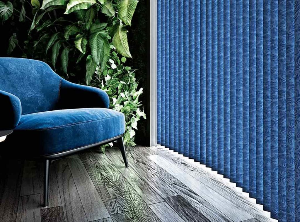 Excel Gallery Muscari Ink Blue Vertical Blinds In Lounge
